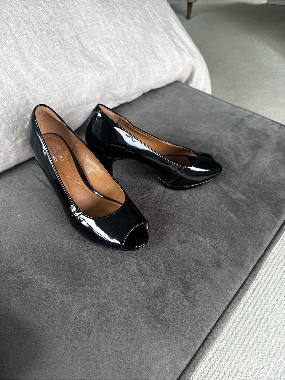 Clarks Black Patent Peep Toe Pumps